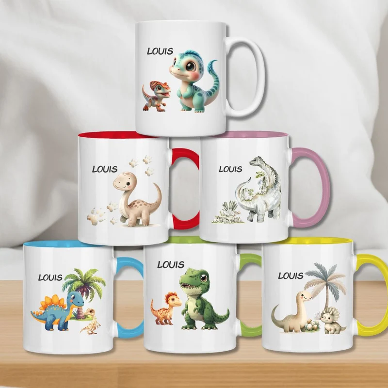 Kindertasse personalisiert – Keramiktasse mit Dinosaurier und Namen für Kinder