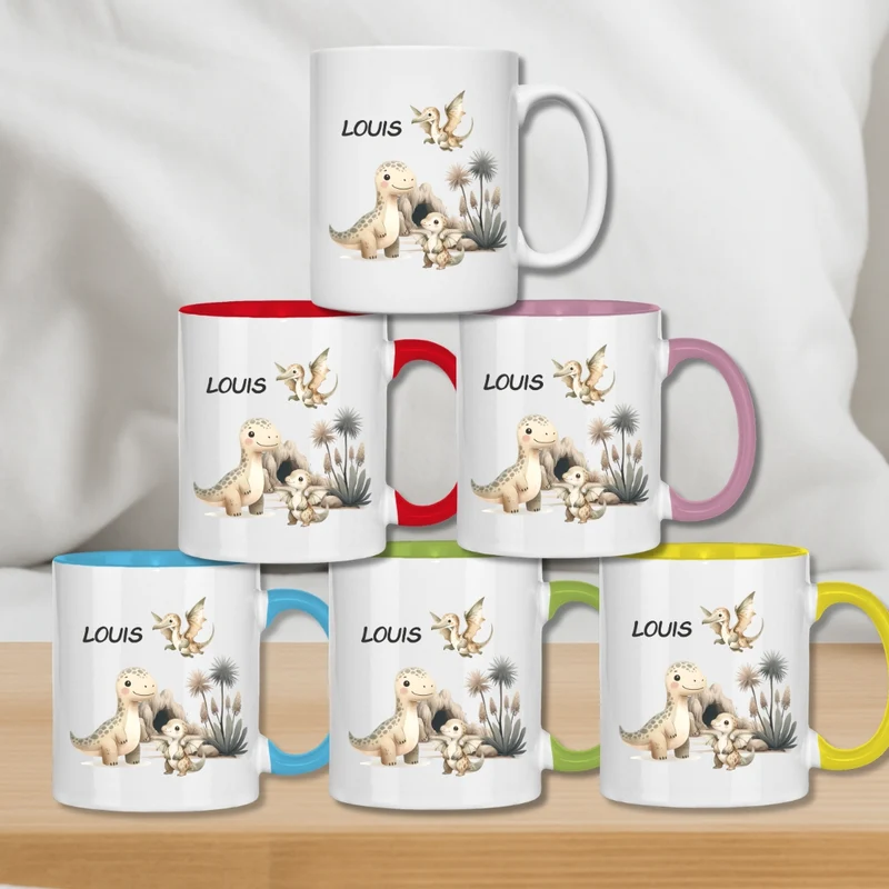 Kindertasse personalisiert – Keramiktasse mit Dinosaurier und Namen für Kinder