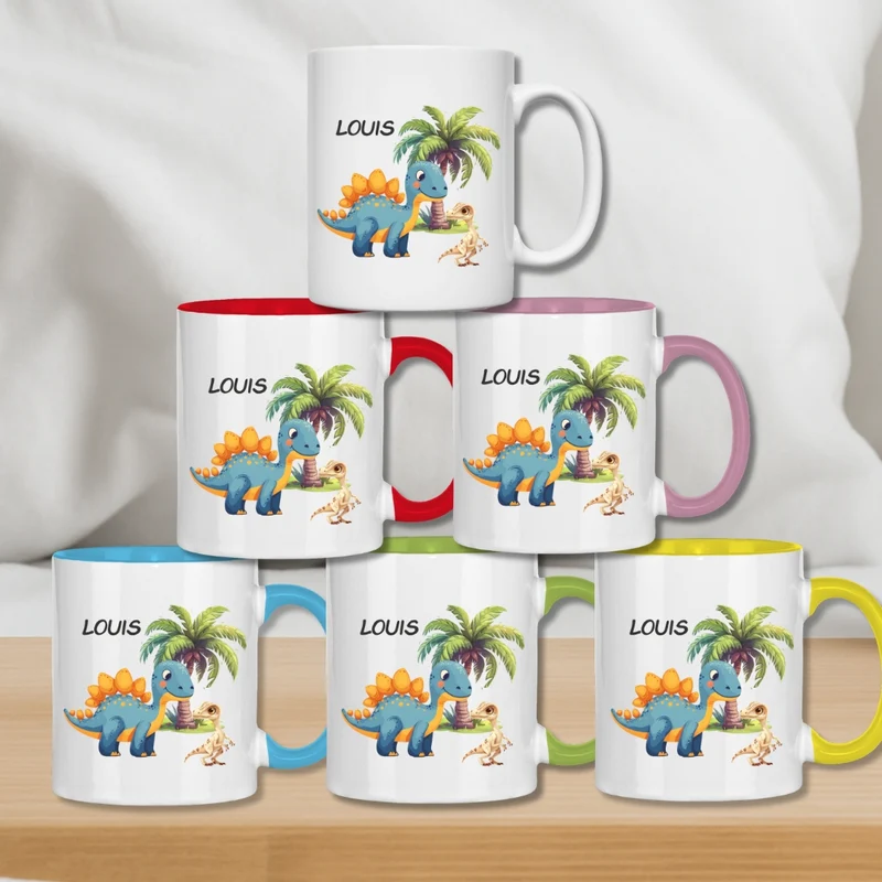 Kindertasse personalisiert – Keramiktasse mit Dinosaurier und Namen für Kinder