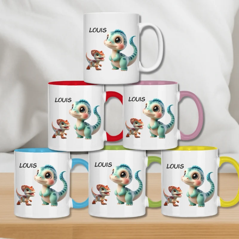 Kindertasse personalisiert – Keramiktasse mit Dinosaurier und Namen für Kinder