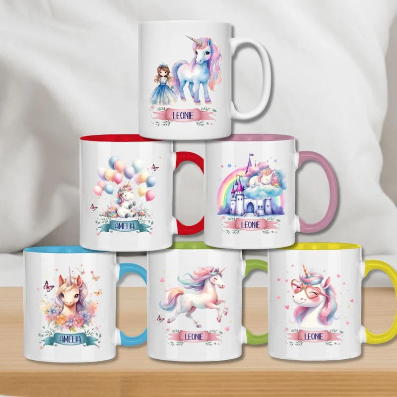 Kindertasse personalisiert – Keramiktasse mit Einhorn und Namen für Mädchen
