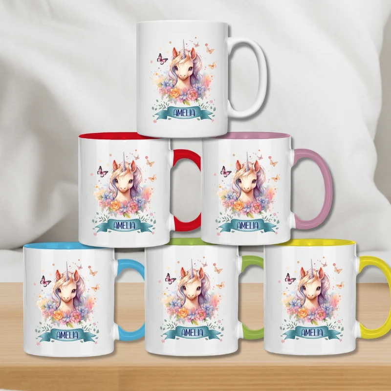 Kindertasse personalisiert – Keramiktasse mit Einhorn und Namen für Mädchen