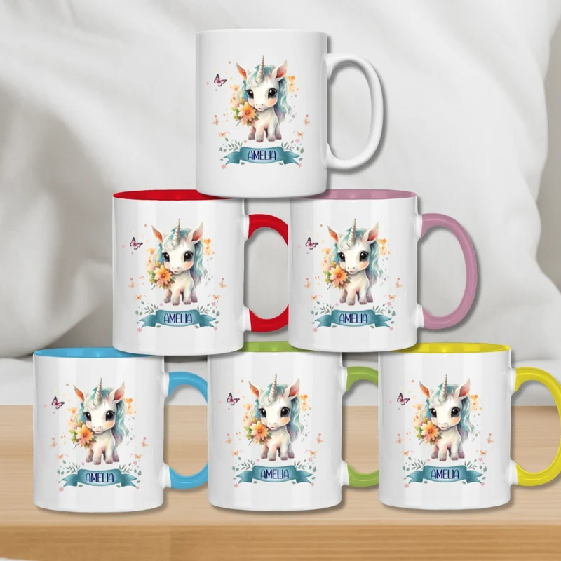 Kindertasse personalisiert – Keramiktasse mit Einhorn und Namen für Mädchen