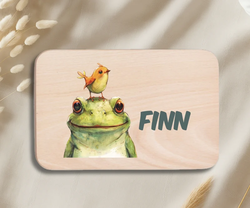 Personalisiertes Holzbrettchen Kinder – Bunte Tiermotive mit Name