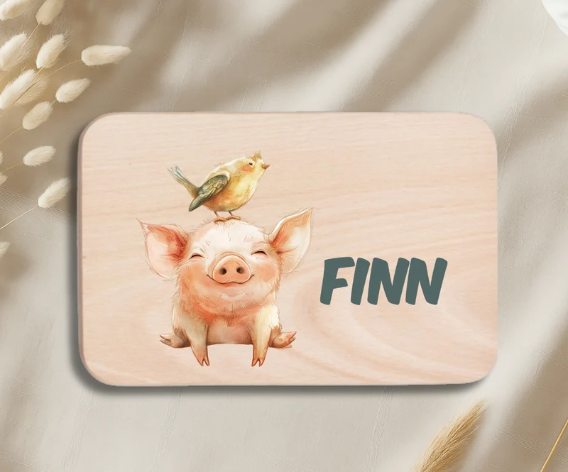 Personalisiertes Holzbrettchen Kinder – Bunte Tiermotive mit Name