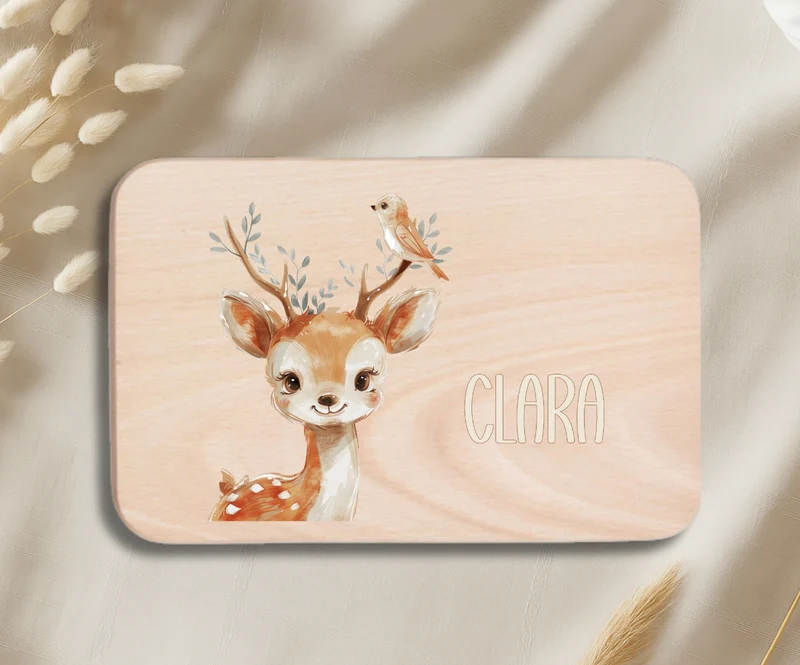 Personalisiertes Holzbrettchen Kinder – Beige Tiermotive mit Name