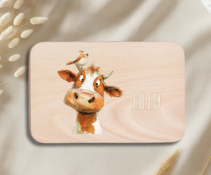 Personalisiertes Holzbrettchen Kinder – Beige Tiermotive mit Name