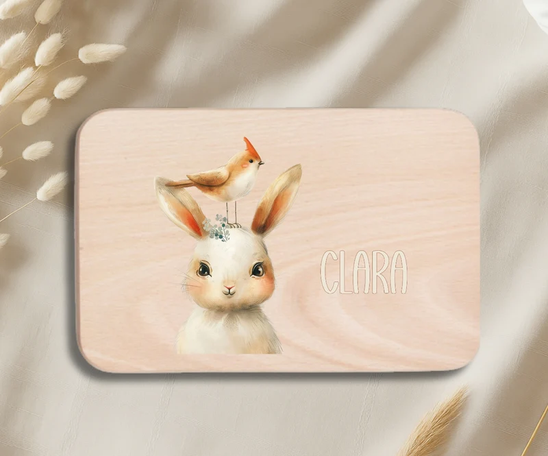 Personalisiertes Holzbrettchen Kinder – Beige Tiermotive mit Name