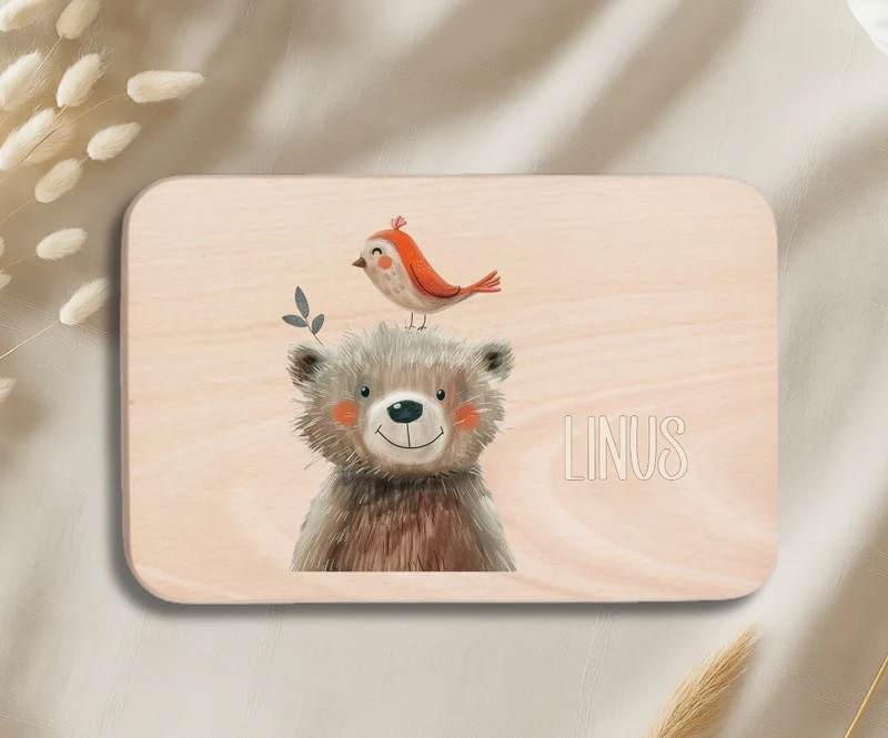 Personalisiertes Holzbrettchen Kinder – Beige Tiermotive mit Name