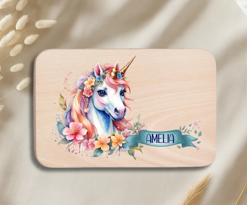 Personalisiertes Holzbrettchen Kinder – Einhorn Motiv mit Name