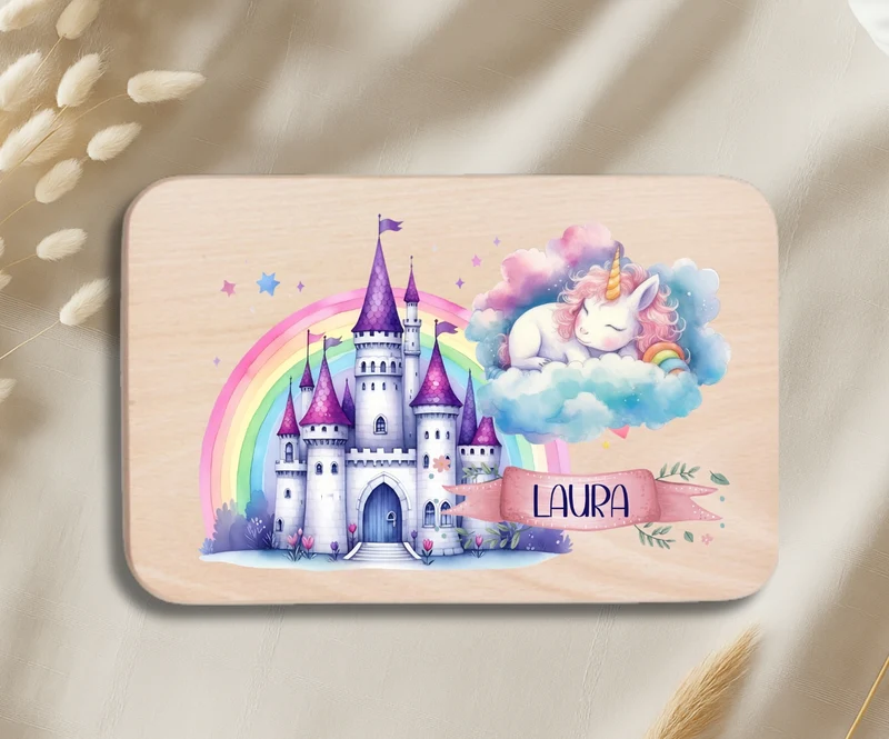 Personalisiertes Holzbrettchen Kinder – Einhorn Motiv mit Name