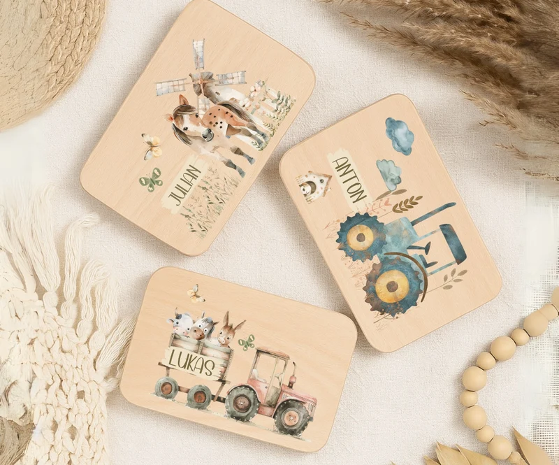 Personalisiertes Holzbrettchen Kinder – Bauernhof Motiv mit Name