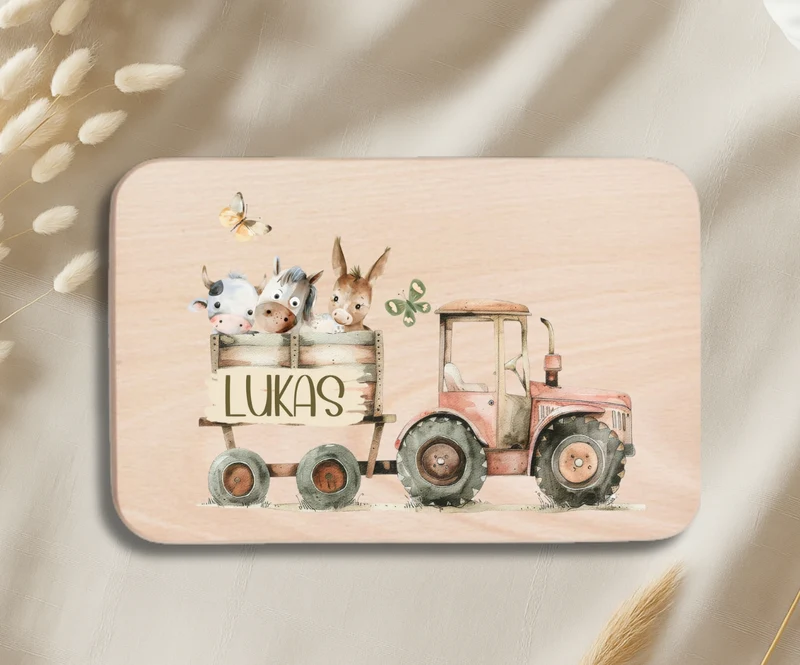 Personalisiertes Holzbrettchen Kinder – Bauernhof Motiv mit Name
