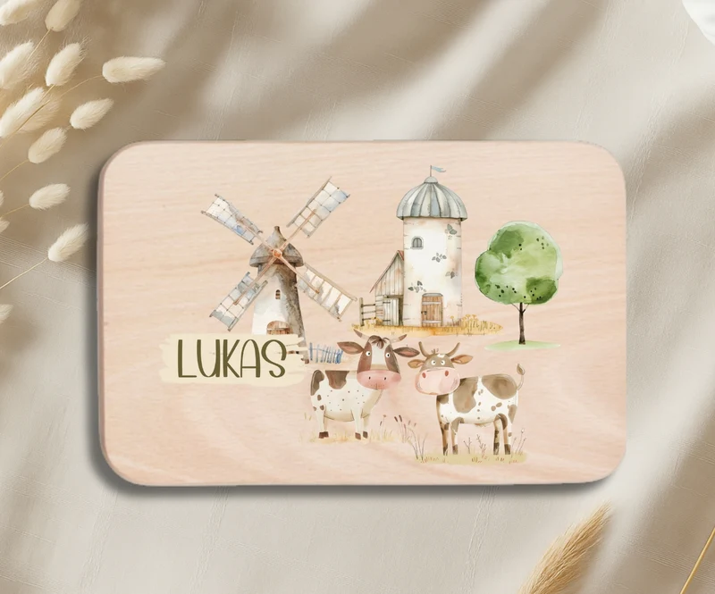 Personalisiertes Holzbrettchen Kinder – Bauernhof Motiv mit Name