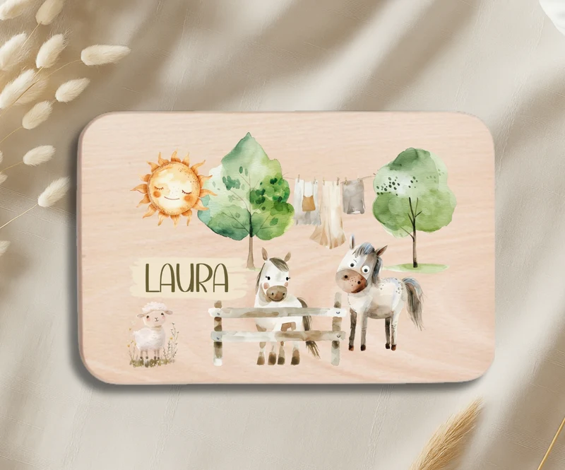 Personalisiertes Holzbrettchen Kinder – Bauernhof Motiv mit Name