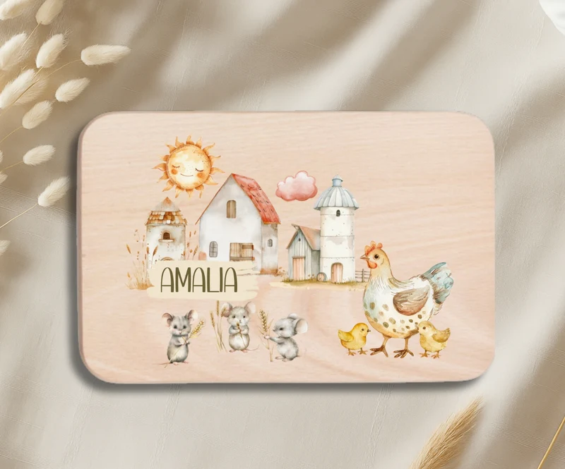 Personalisiertes Holzbrettchen Kinder – Bauernhof Motiv mit Name