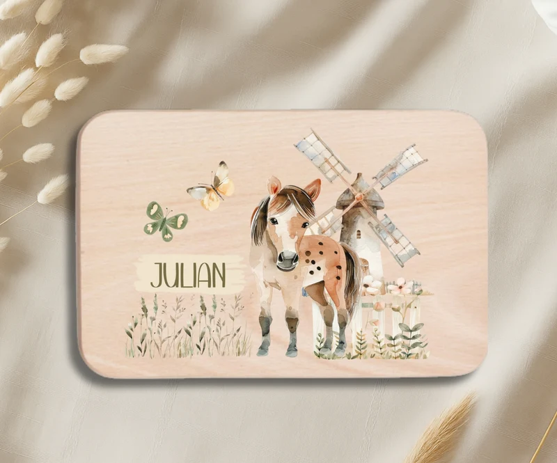 Personalisiertes Holzbrettchen Kinder – Bauernhof Motiv mit Name