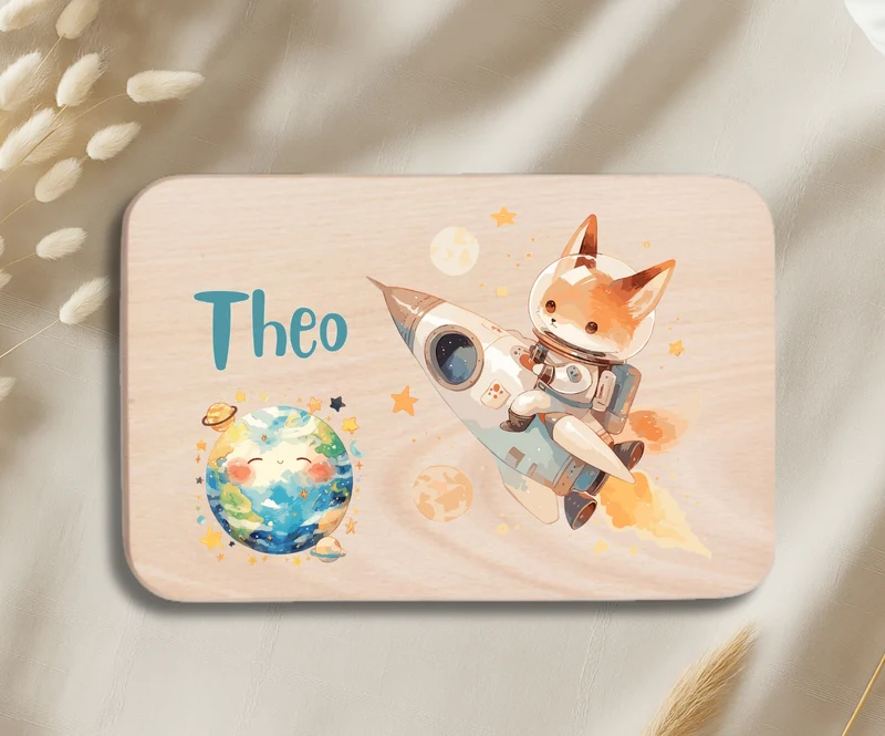Personalisiertes Holzbrettchen Kinder – Weltall Motiv mit Name