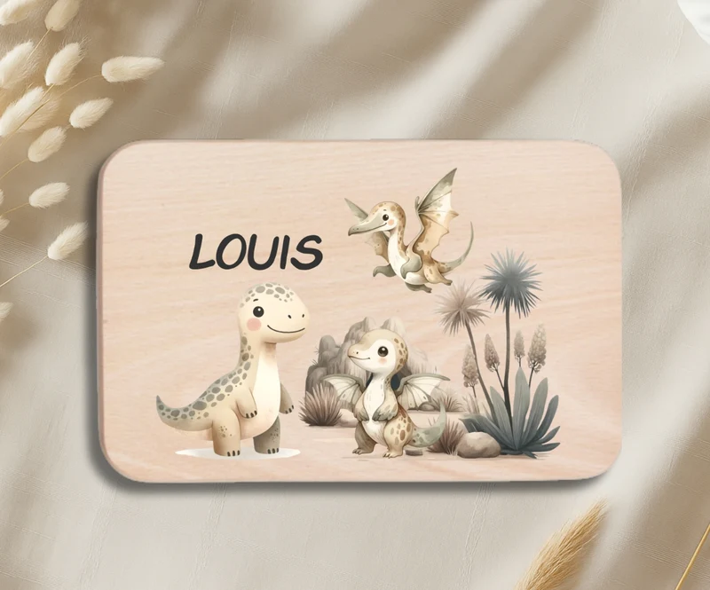 Personalisiertes Holzbrettchen Kinder – Dino Motiv mit Name