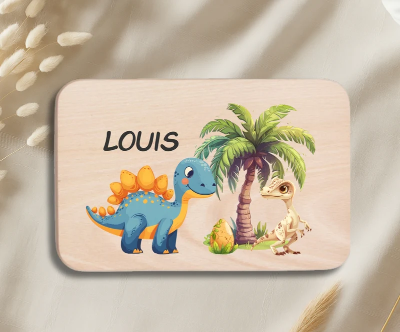 Personalisiertes Holzbrettchen Kinder – Dino Motiv mit Name