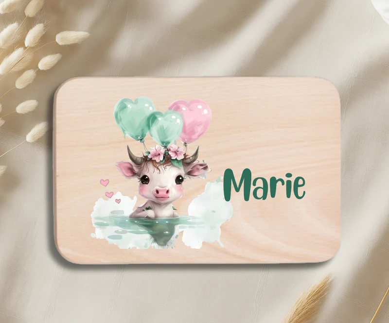 Personalisiertes Holzbrettchen Kinder – Grüne Tierchen Motiv mit Name