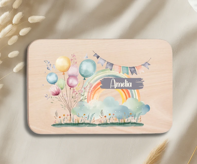 Personalisiertes Holzbrettchen Kinder – Regenbogen Motiv mit Name