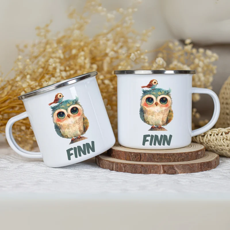Emaille Tasse personalisiert – Kindertasse mit Namen und bunten Tiermotiven