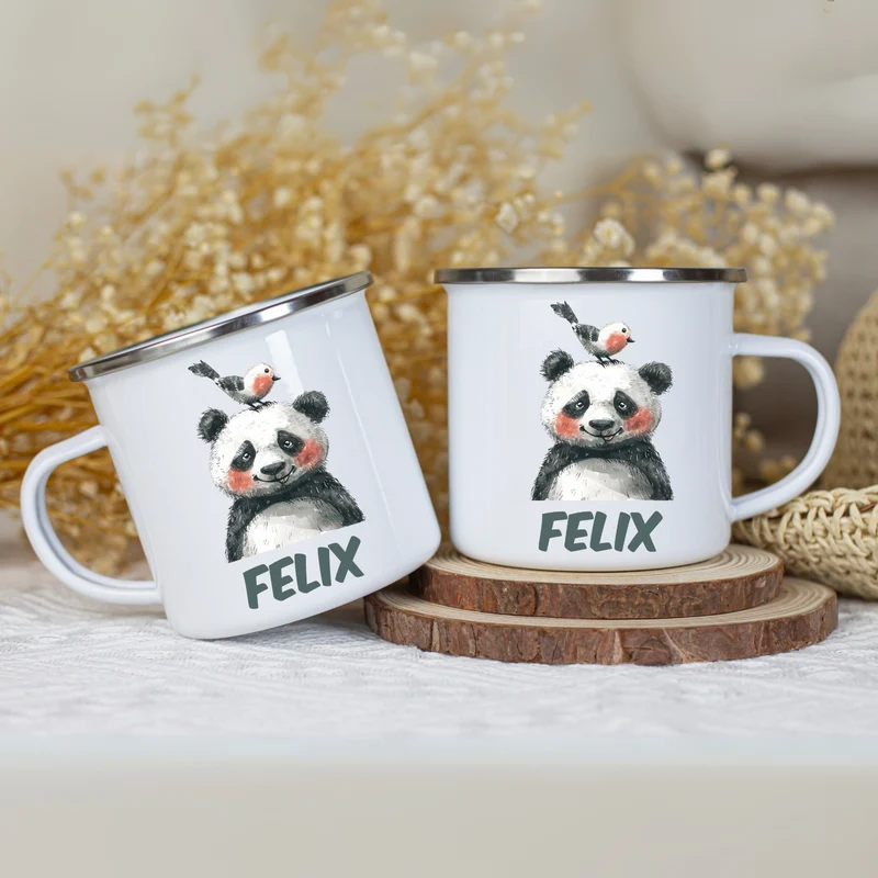 Emaille Tasse personalisiert – Kindertasse mit Namen und bunten Tiermotiven