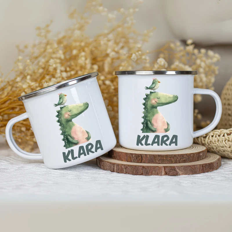 Emaille Tasse personalisiert – Kindertasse mit Namen und bunten Tiermotiven