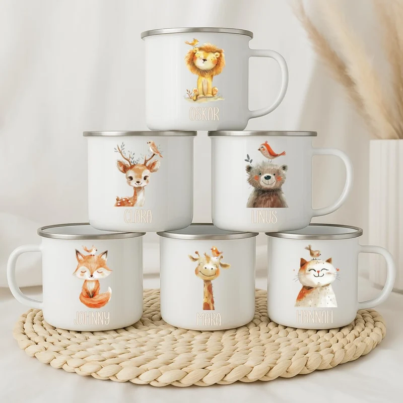 Emaille Tasse personalisiert – Kindertasse mit Namen und Tieren