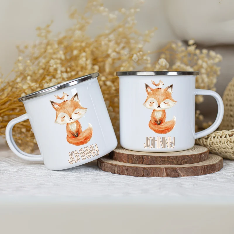 Emaille Tasse personalisiert – Kindertasse mit Namen und Tieren