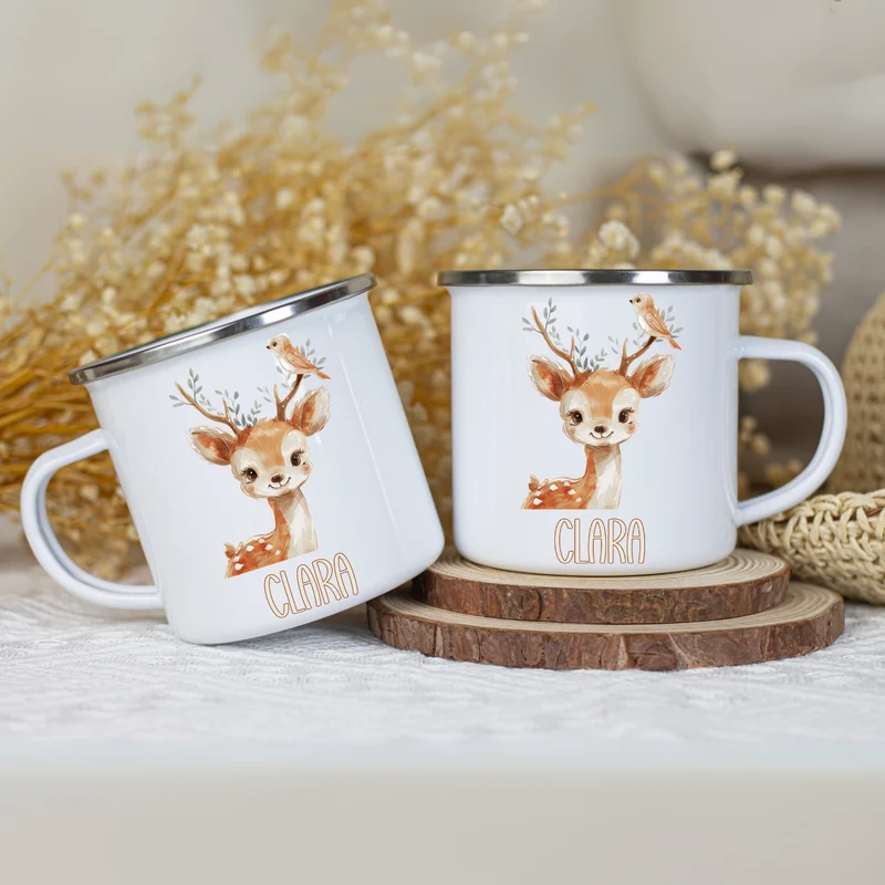 Emaille Tasse personalisiert – Kindertasse mit Namen und Tieren