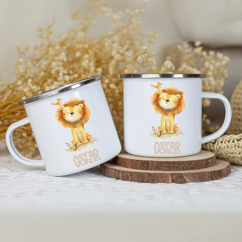 Emaille Tasse personalisiert – Kindertasse mit Namen und Tieren