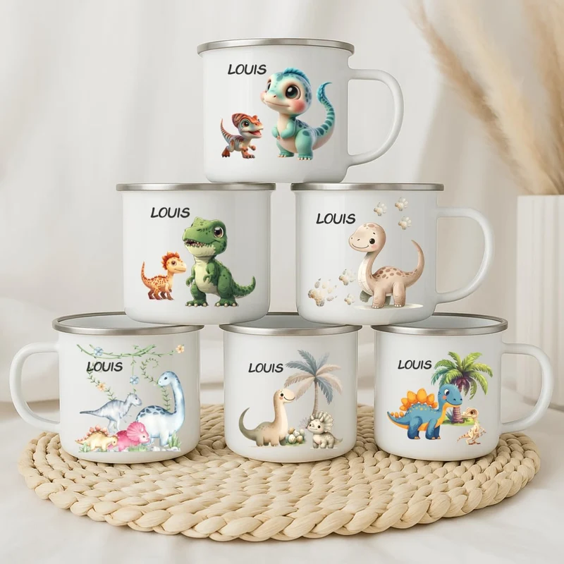 Emaille Tasse personalisiert – Kindertasse mit Namen und Dinosaurier