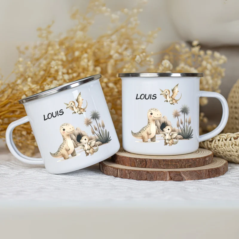 Emaille Tasse personalisiert – Kindertasse mit Namen und Dinosaurier