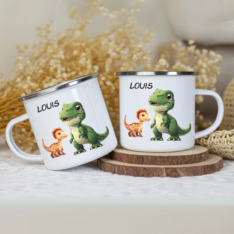 Emaille Tasse personalisiert – Kindertasse mit Namen und Dinosaurier
