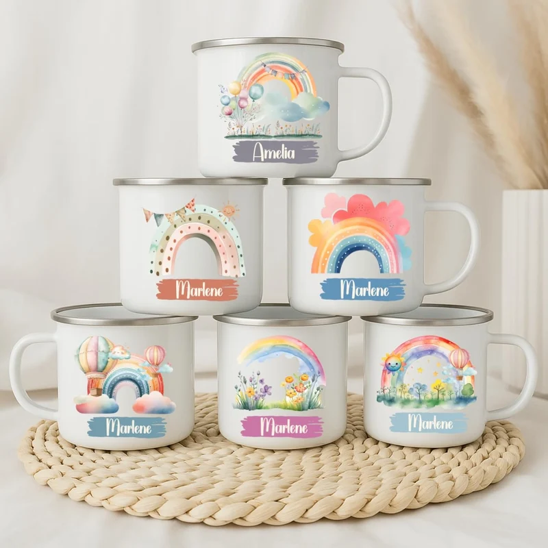 Emaille Tasse personalisiert – Kindertasse mit Namen und Regenbogen