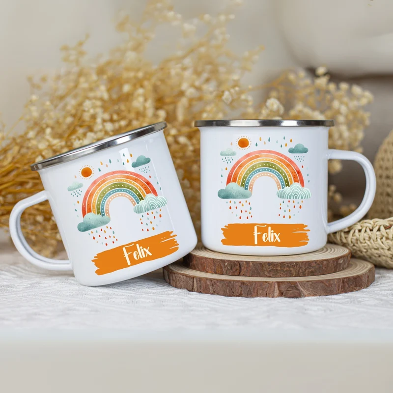Emaille Tasse personalisiert – Kindertasse mit Namen und Regenbogen