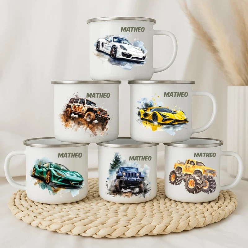 Emaille Tasse Autos personalisiert – Kindertasse mit Namen und Rennwagen