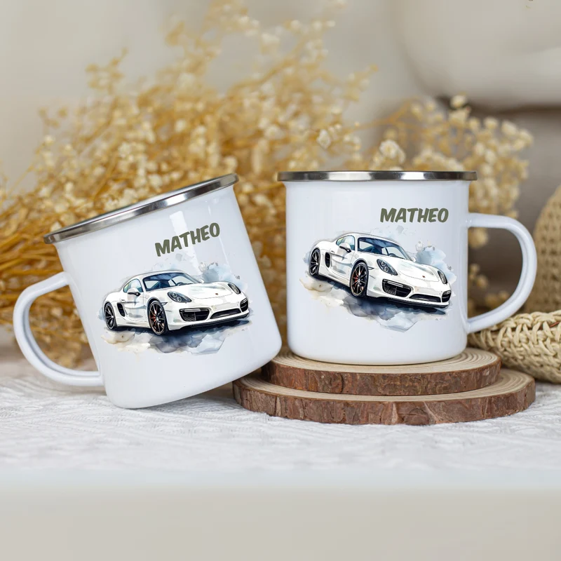 Emaille Tasse Autos personalisiert – Kindertasse mit Namen und Rennwagen