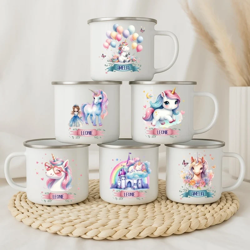 Emaille Tasse personalisiert – Kindertasse mit Einhorn und Namen