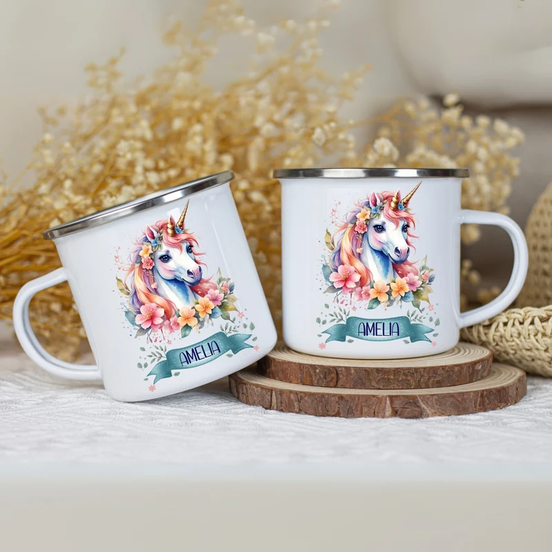 Emaille Tasse personalisiert – Kindertasse mit Einhorn und Namen