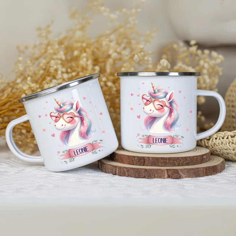 Emaille Tasse personalisiert – Kindertasse mit Einhorn und Namen
