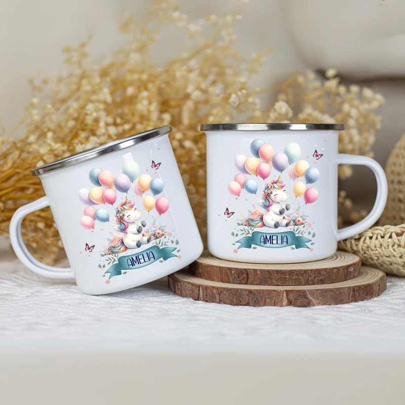 Emaille Tasse personalisiert – Kindertasse mit Einhorn und Namen