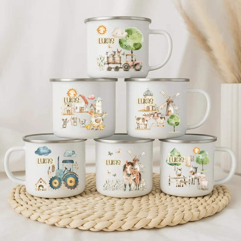 Emaille Tasse personalisiert – mit Bauernhof und Traktor-Motiv