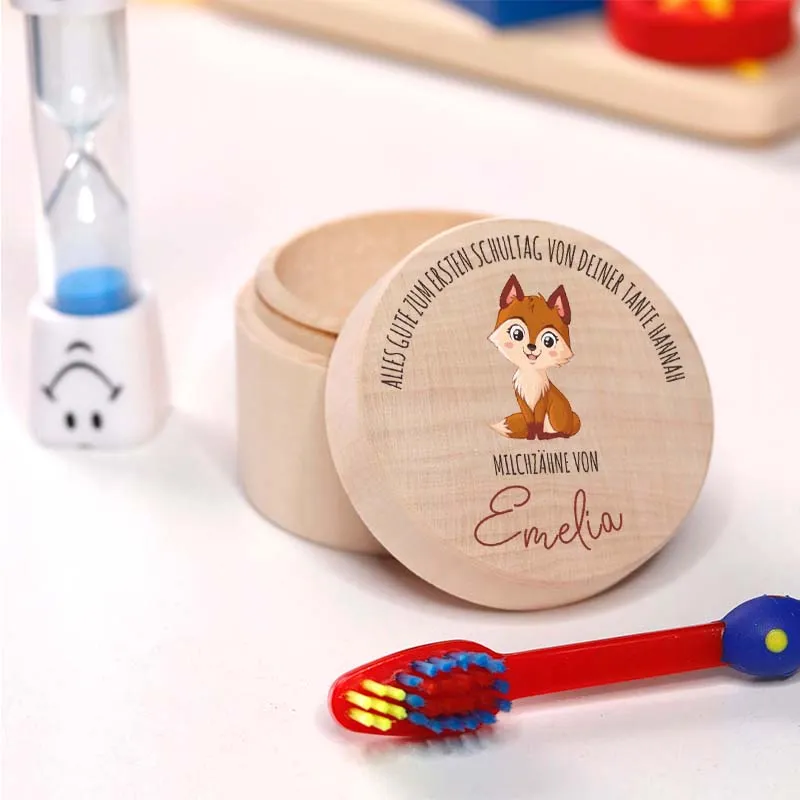 Personalisierte Milchzahndose aus Lindenholz mit Namen - Zahnbox für Kinder - Fuchs Motiv | Natur, Runde - Baby Geschenk & Andenken zur Taufe