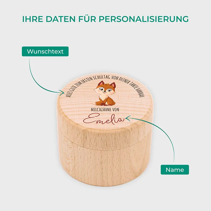 Personalisierte Milchzahndose aus Lindenholz mit Namen - Zahnbox für Kinder - Fuchs Motiv | Natur, Runde - Baby Geschenk & Andenken zur Taufe