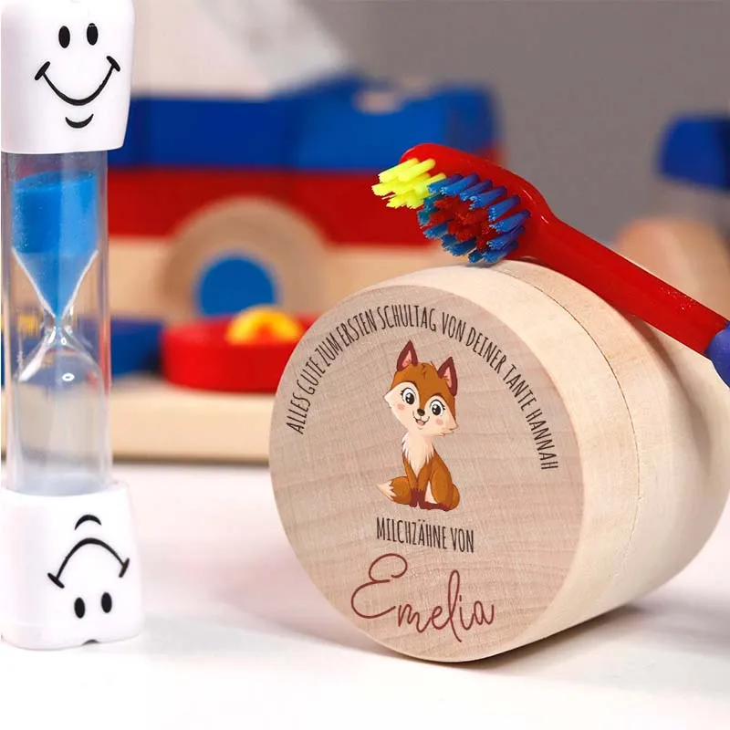 Personalisierte Milchzahndose aus Lindenholz mit Namen - Zahnbox für Kinder - Fuchs Motiv | Natur, Runde - Baby Geschenk & Andenken zur Taufe