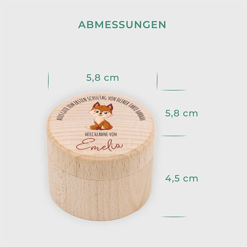 Personalisierte Milchzahndose aus Lindenholz mit Namen - Zahnbox für Kinder - Fuchs Motiv | Natur, Runde - Baby Geschenk & Andenken zur Taufe