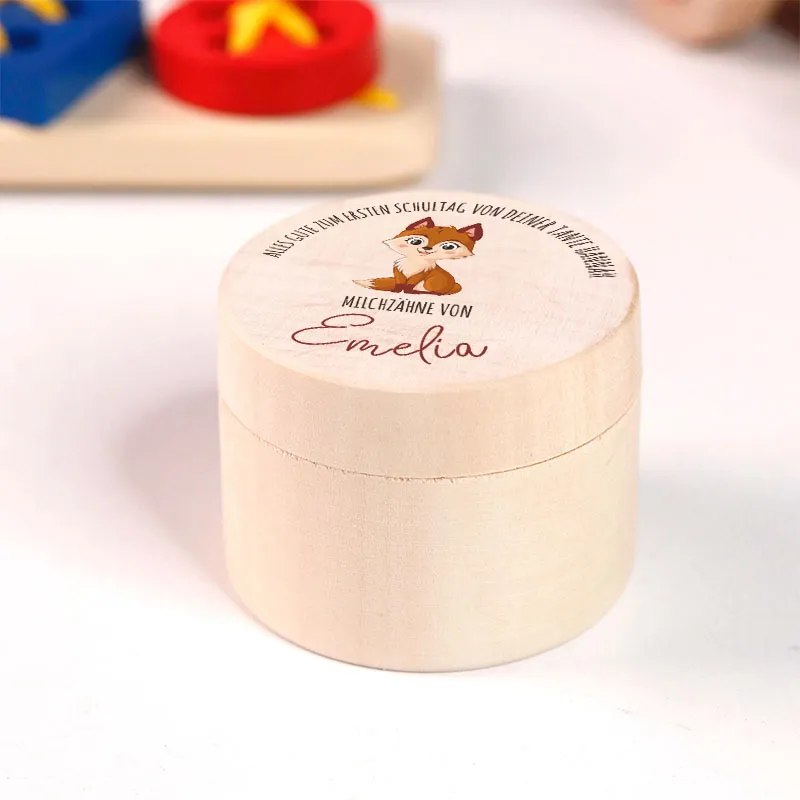 Personalisierte Milchzahndose aus Lindenholz mit Namen - Zahnbox für Kinder - Fuchs Motiv | Natur, Runde - Baby Geschenk & Andenken zur Taufe